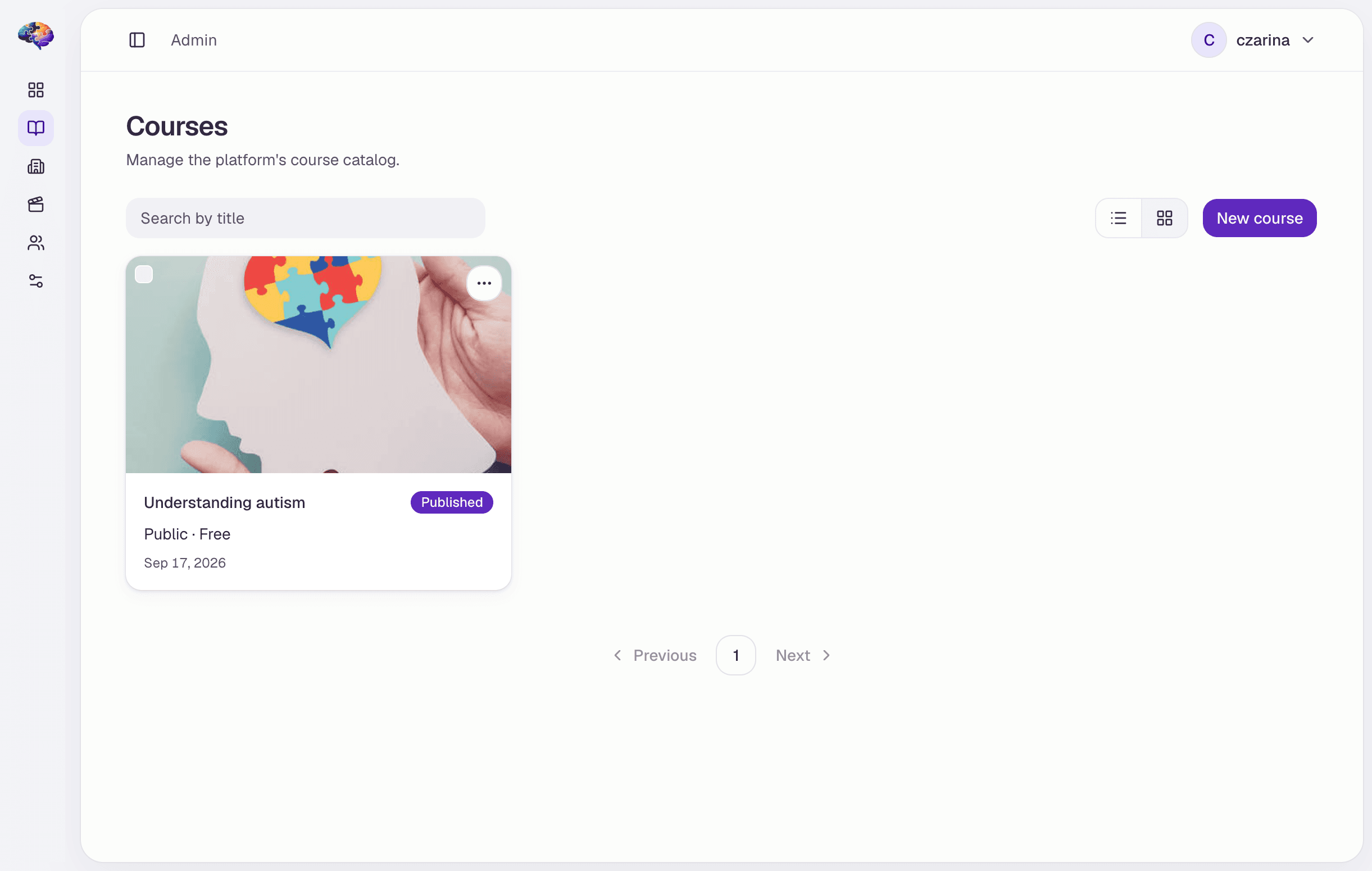 Admin course catalog in the learning app, with search, list and grid views, and a New course button