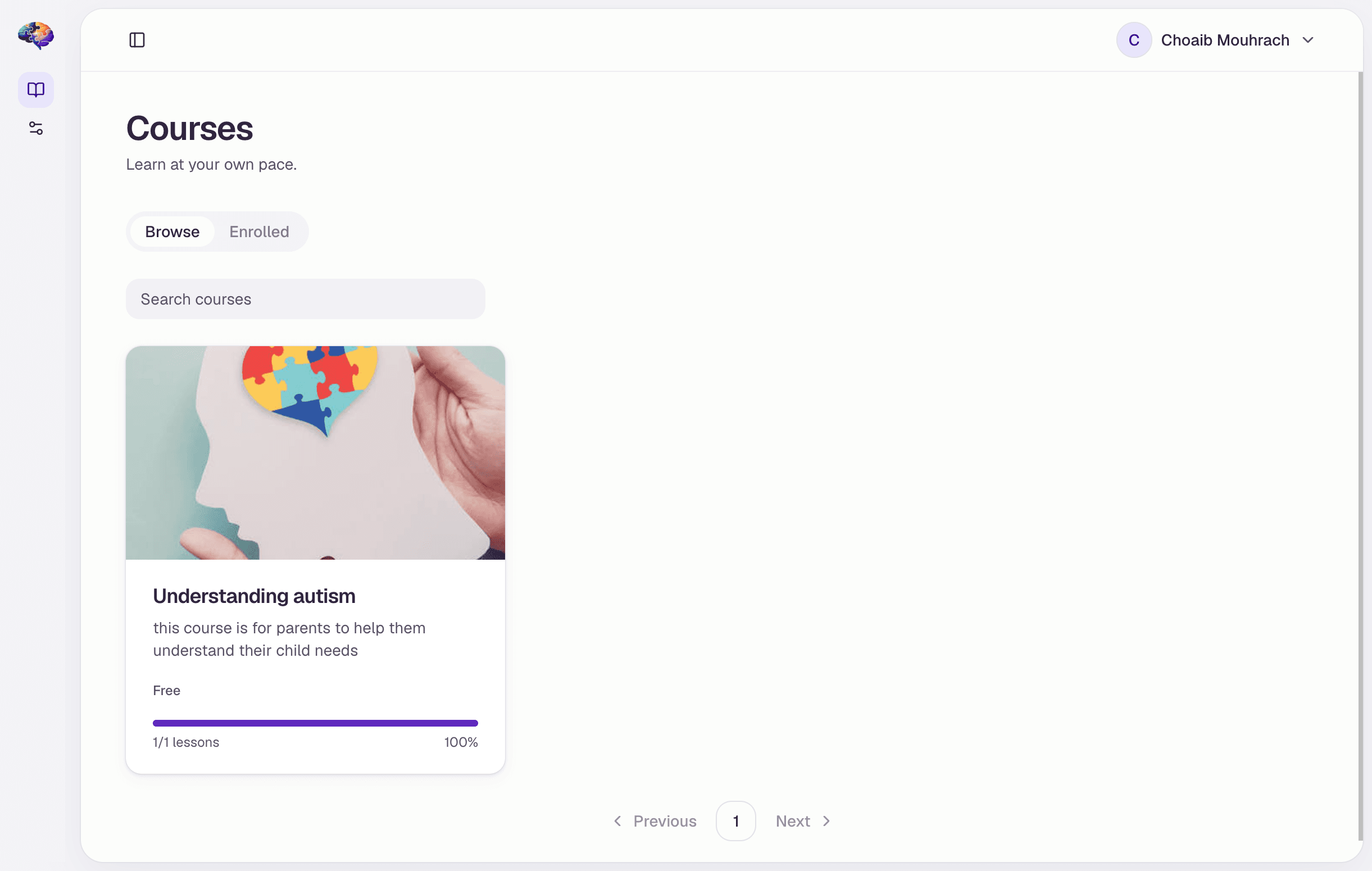 Parent course dashboard in the learning app, showing an enrolled course with a lesson progress bar