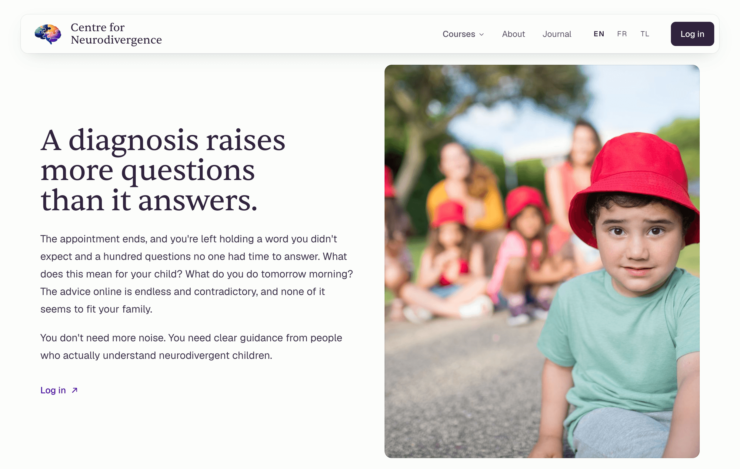 Landing page section explaining that a diagnosis raises more questions than it answers, next to a photo of a child in a red hat
