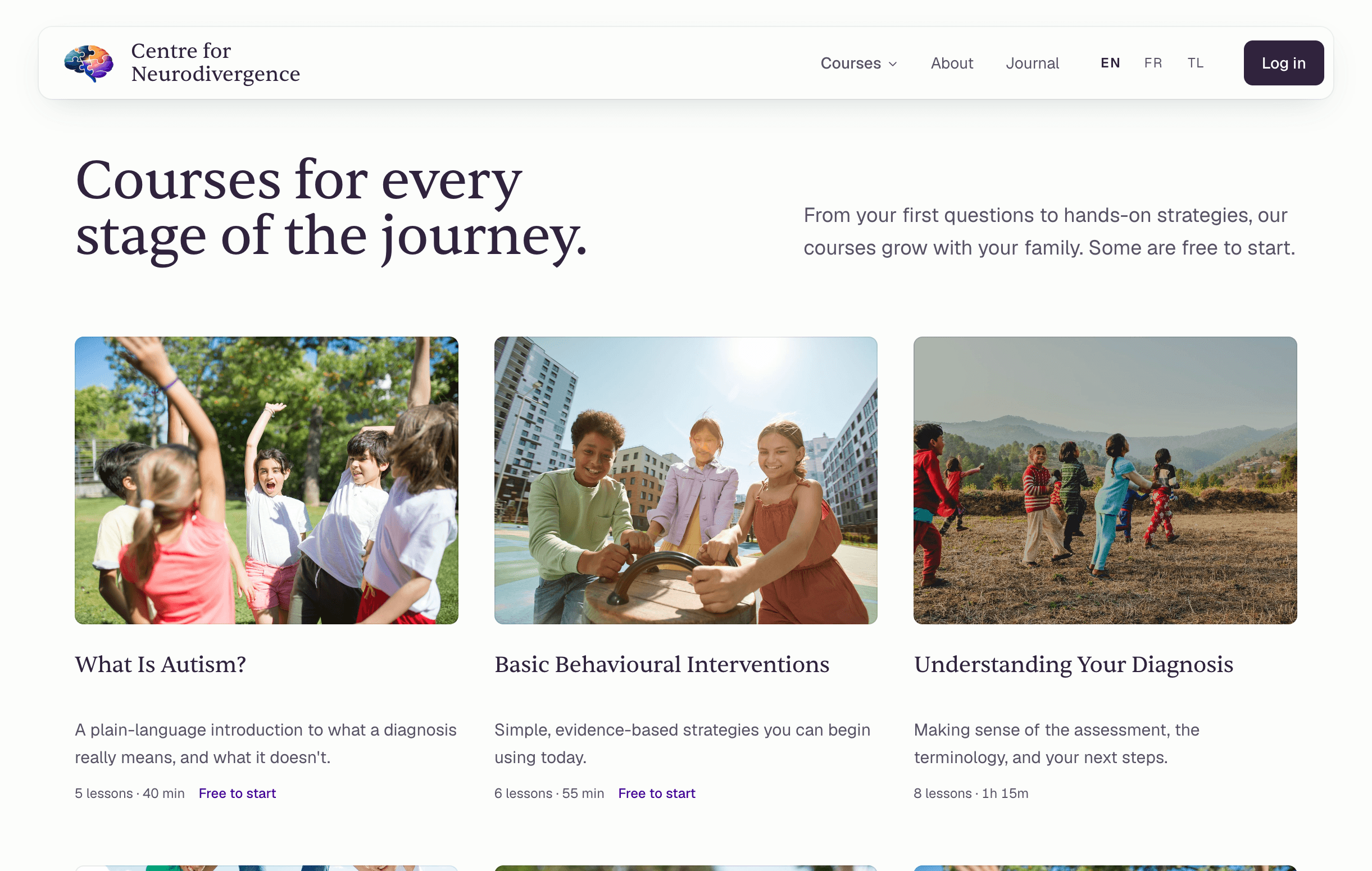 Course catalog page listing three courses with lesson counts, durations, and free-to-start labels
