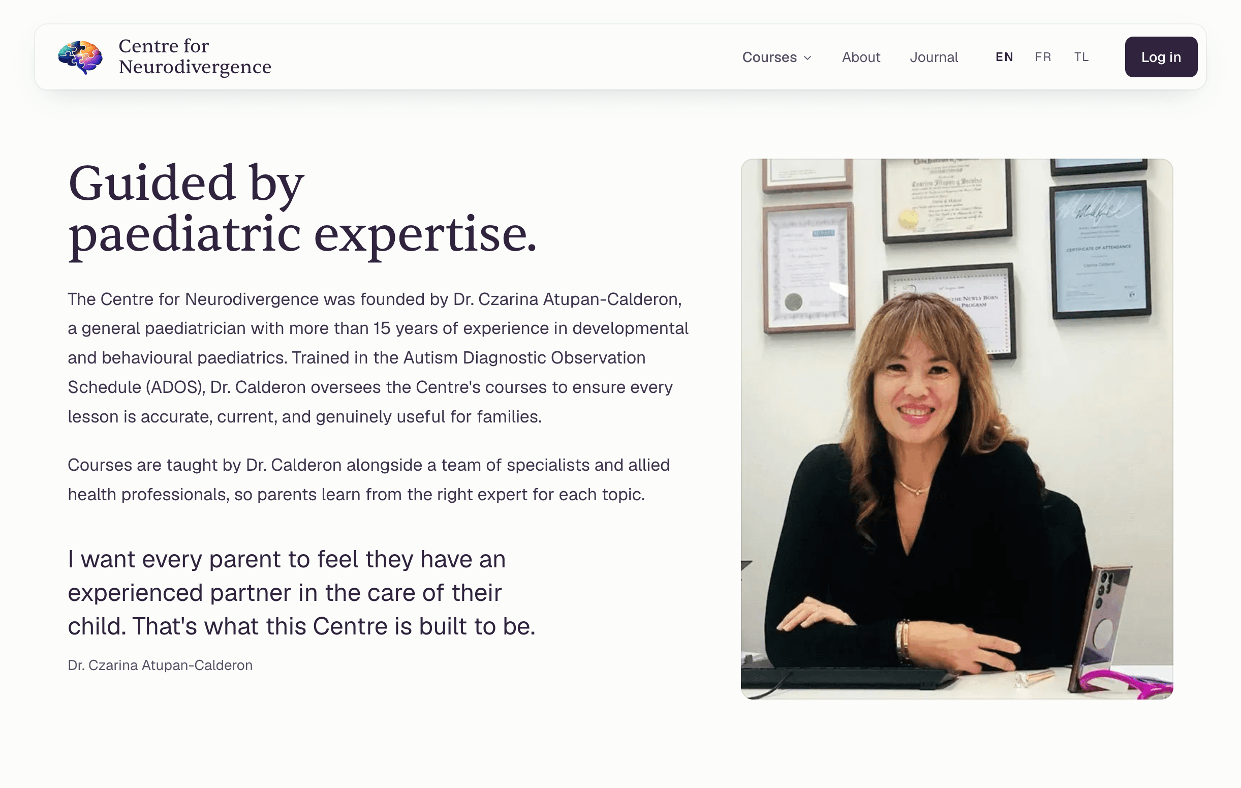 About page describing the founding pediatrician and the clinical oversight behind the courses