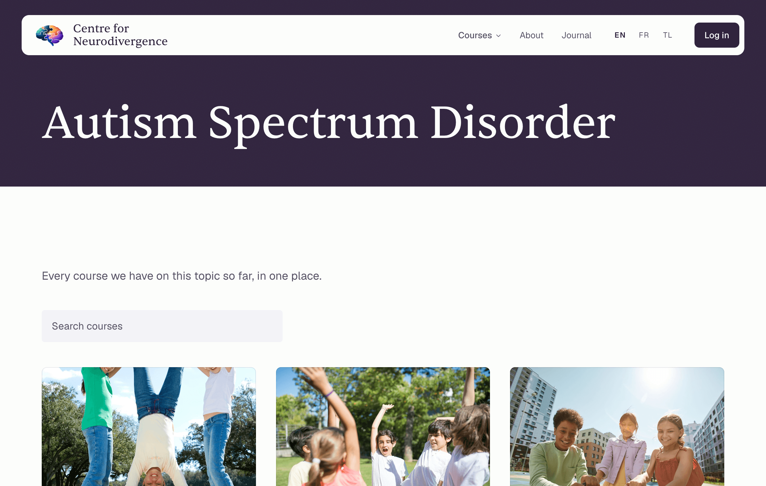 Autism Spectrum Disorder category page with a course search box and course cards