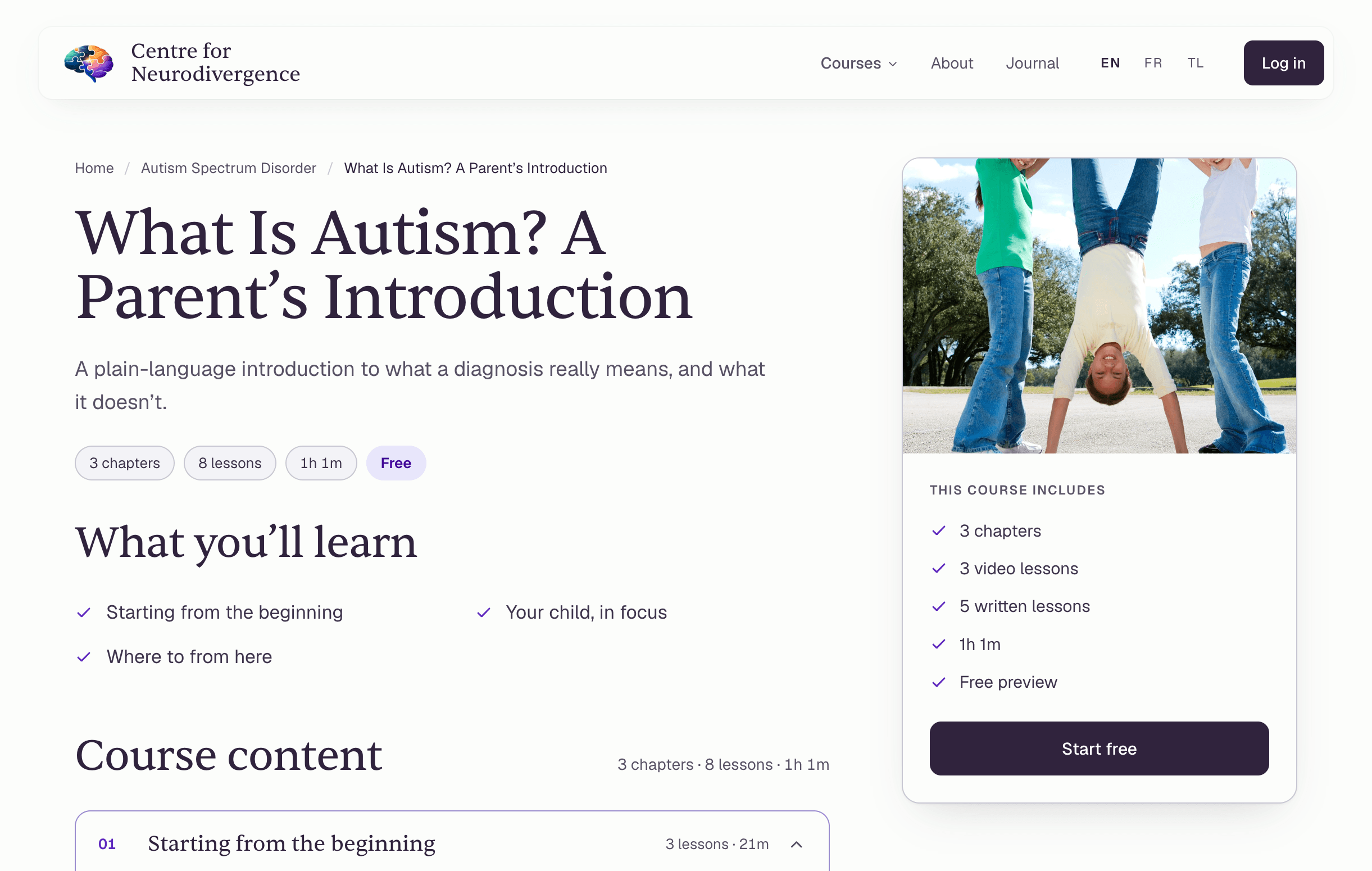 Course page for 'What Is Autism? A Parent's Introduction', showing what parents will learn and a course summary card with a Start free button