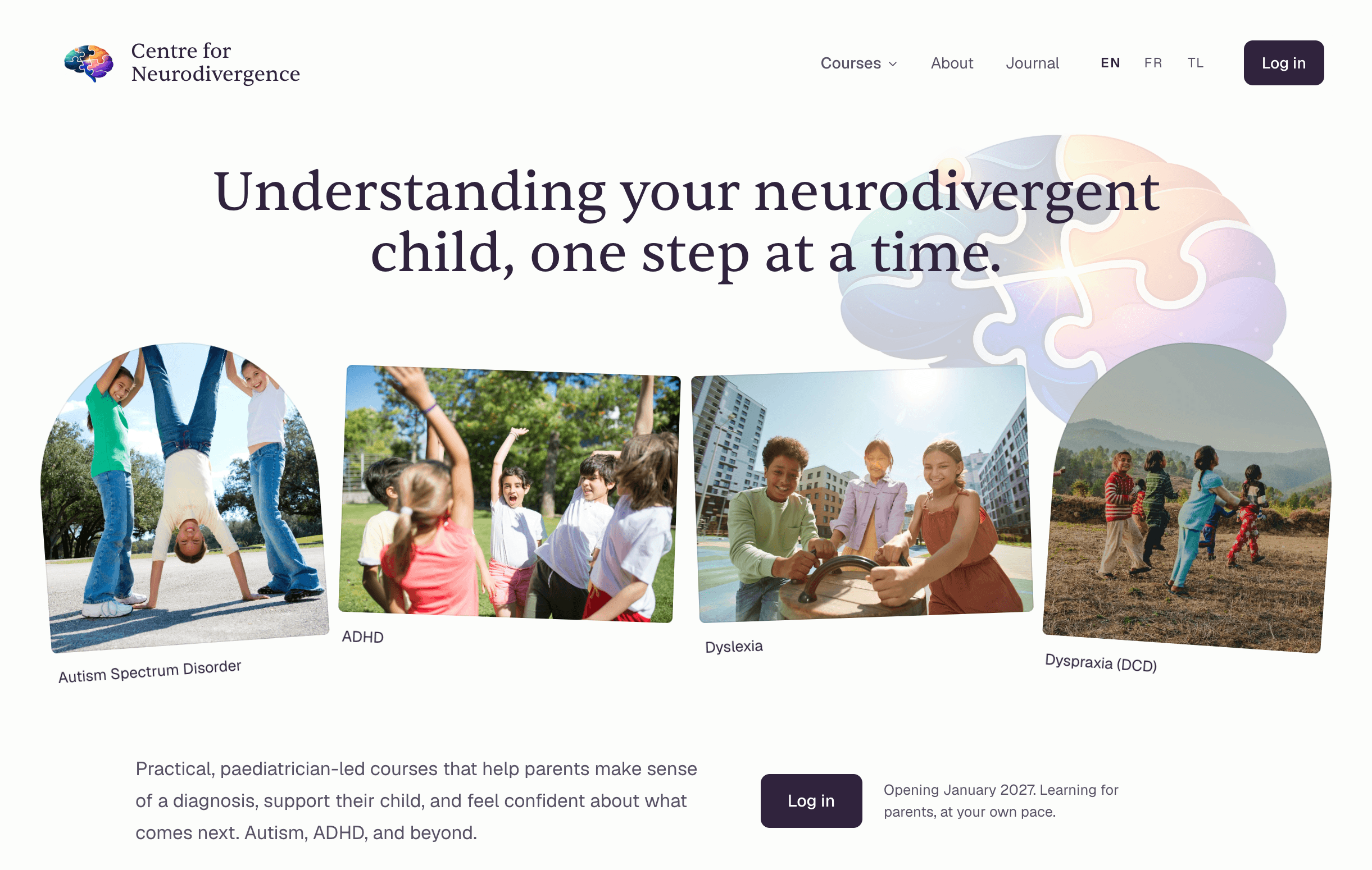 Home page of the Centre for Neurodivergence site, with the headline 'Understanding your neurodivergent child, one step at a time' and photos of children for each condition